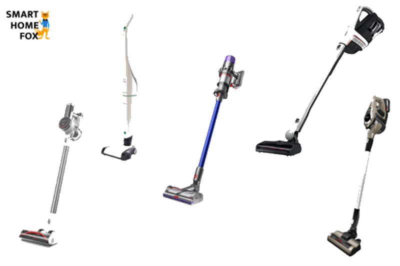 Man sieht viele Akkustaubsauger vor einem weißen Hintergrund.